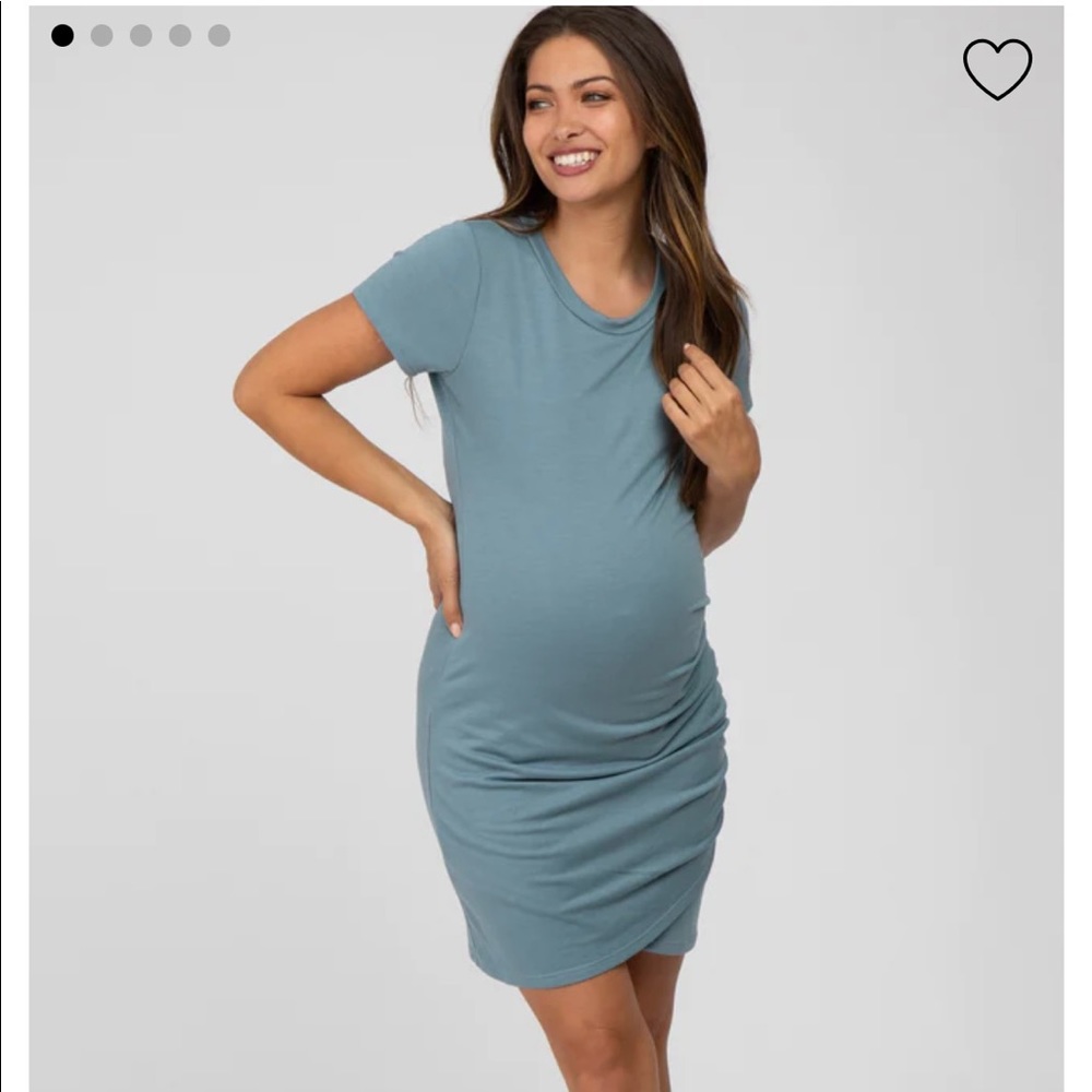Short Sleeve Dusty Blue Maternity Mini Dress — Women's Pregnancy Dress